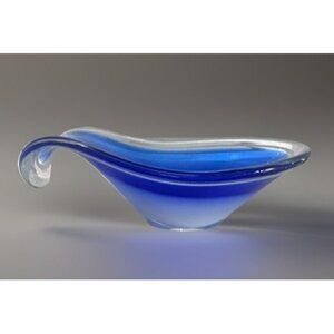 Vtg Flysfors Art Glass Bowl Kedelv Coquille MCM Scandinavian Cobalt Blue Signed